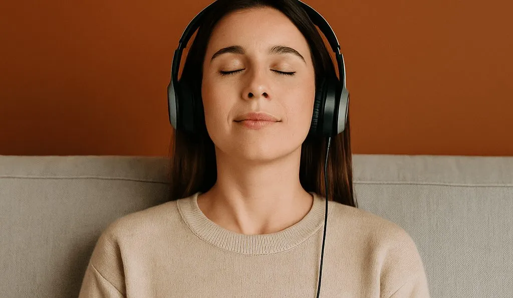 Frau hört mit geschlossenen Augen Musik über Kopfhörer – rezeptive Musiktherapie