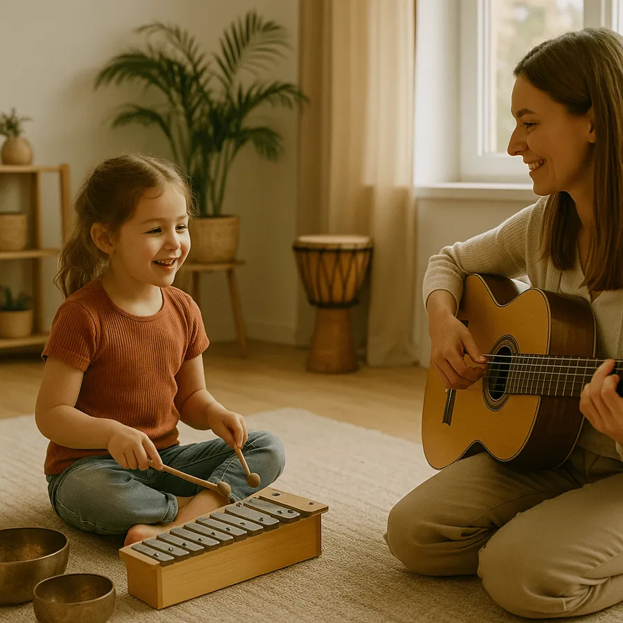 Mädchen spielt Xylophon in der Musiktherapie, Therapeutin begleitet auf der Gitarre